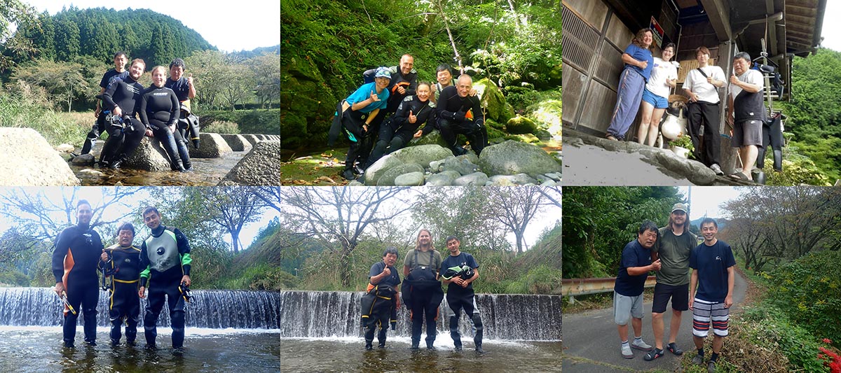 Snorkellers with Giant Salamanders in the Gifu Mountains in Japan.